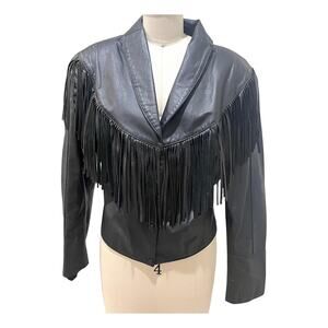 Vintage Genuine Leather Jacket Womens Large Black Fringe Western